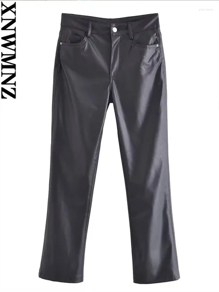 Pantaloni da donna XNWMNZ 2024 Moda Donna Ecopelle PU Mini Flare Pantaloni Donna Retro Vita alta Tasche con cerniera Femminile Chic