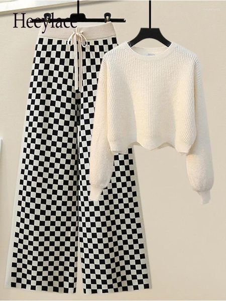 Pantaloni a due pezzi da donna Set invernali lavorati a maglia da donna Maglione lavorato a maglia elegante da donna da ufficio e set casual coreano scozzese a gamba larga