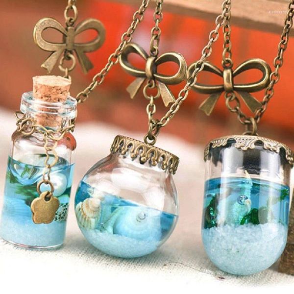 Anhänger Halsketten Vintage Meerjungfrau Tränen Muscheln Stern Fläschchen Halskette Muschelhart Blau Meer Ozean Glas Wunschflasche Anhänger Unisex Schmuck