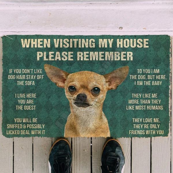 Tapetes 3D Lembre-se de Chihuahua Cães Casa Regras Personalizado Capacho Não Slip Porta Tapetes Decoração Varanda