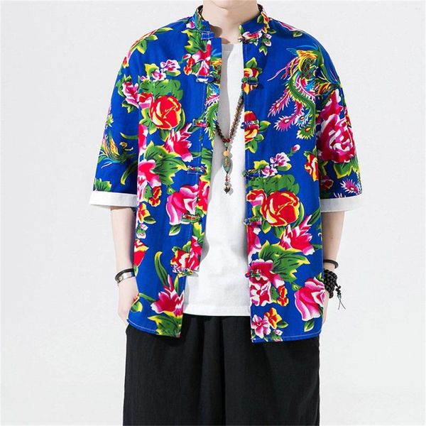 Camicie casual da uomo Cappotto etnico primaverile ed estivo Camicia a fiori nord-orientale in abito tradizionale cinese in cotone pesante T