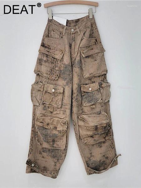 Jeans femininos deat mulheres cintura alta camuflagem tie-dye vários bolsos carga solta perna larga calças jeans 2024 outono moda 29l3698