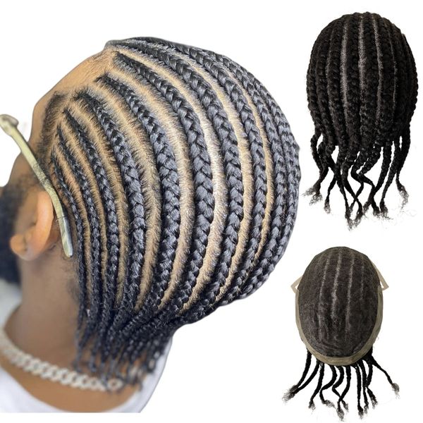 Europäischer Echthaar-Ersatz, 1b# Afro Cornrow Braids, 8 x 10 OCT, langlebige Spitze mit PU-Toupet, männliche Einheit für schwarze Männer