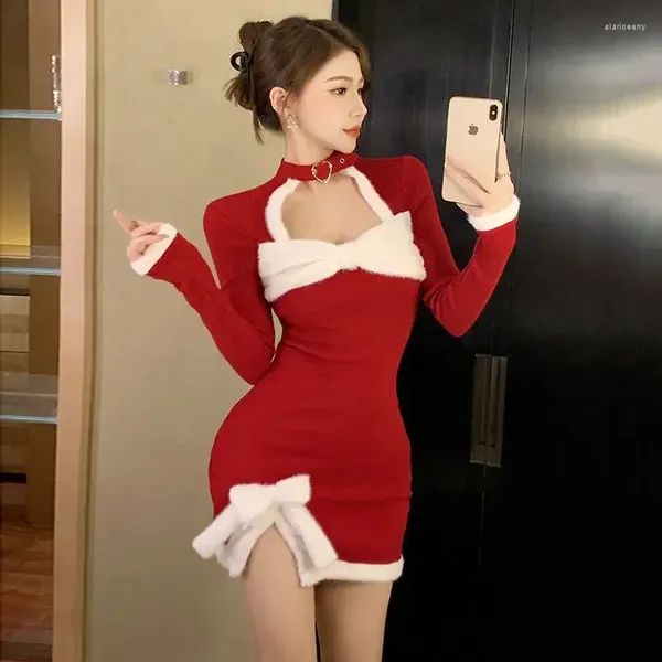 Abiti casual 2024 Natale Inverno Abbigliamento donna Traf Abito da festa femminile elegante e grazioso con fiocco tridimensionale rosso sottile sexy.