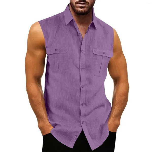Camisas casuais masculinas sem mangas camisa masculina verão topo duplo bolso turn down colarinho botão para cima para homens finos blusas