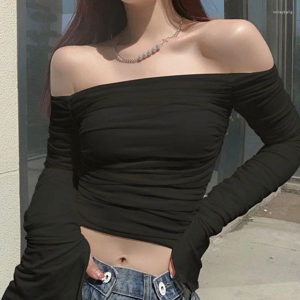 Kadın Tişörtleri Vmeslty Sonbahar Seksi Kapalı Omuz İnce Uygun Mesh Parlama Kolu Uzun Göbek T-shirt y2k üstüm vücut seçimim