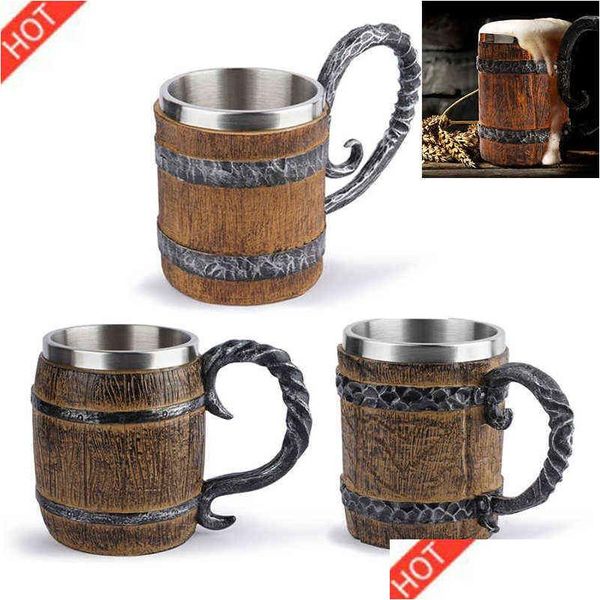 Tazze Nuovo Retro Corno Skl Boccale di birra in resina Acciaio inossidabile Gioco 3D Boccale Tazza di caffè Tazze di vetro di vino Bere Consegna a goccia Giardino domestico K Dhpnc