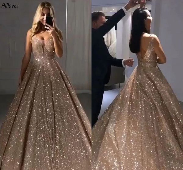 Lussuosi abiti da ballo con paillettes con paillettes di champagne rosa una linea profonda a V sexy abiti speciali senza schienale per donne taglie taglie taglie taglieneane vestito formale cl3277