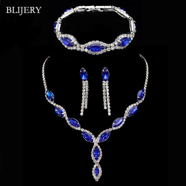 BLIJERY Elegante set di gioielli da sposa in cristallo blu royal strass collana lunga nappa orecchini bracciale da sposa 240202