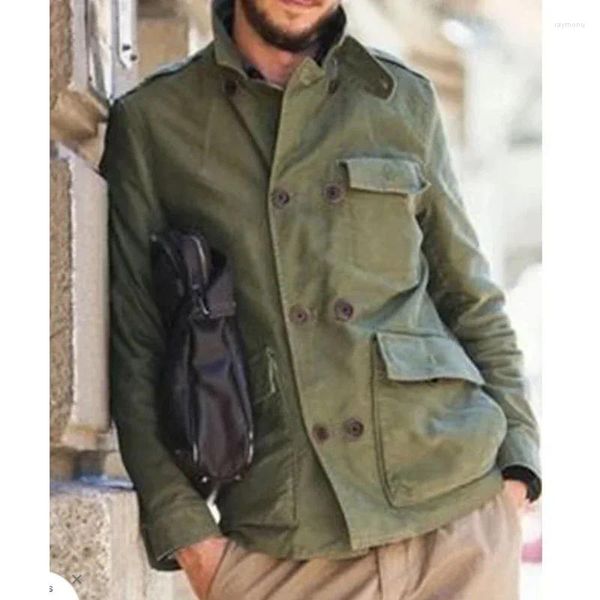 Giacche da uomo Tute a maniche lunghe Cappotti Top 2024 Moda primaverile Risvolto Verde militare Doppio petto Tasca grande Abbigliamento