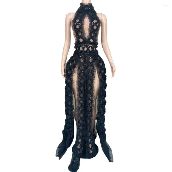 Stage Wear Sexy Blackless Mesh Paillettes Party Birthday Dress Prom Incinta Po Shoot Women High Slit Performance Costume Show