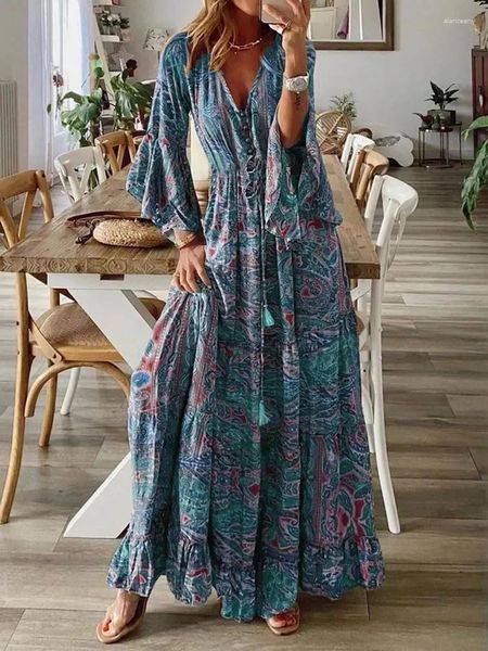 Sıradan Elbiseler Kadınlar Vintage Bohemian Maxi 2024 Yaz V yakalı parlama kol elbisesi Kadın plaj çiçek baskısı büyük salıncak uzun