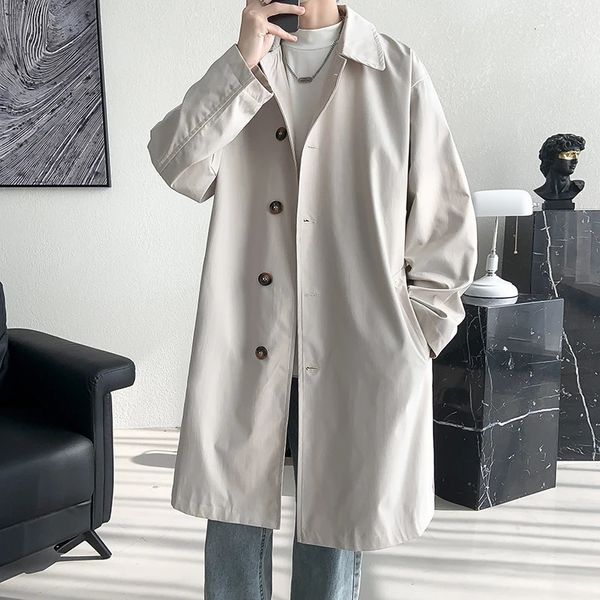 Casaco de trincheira masculino moda longo blusão masculino cor sólida único breasted solto casual trench homem streetwear plus size M-5XL 240124