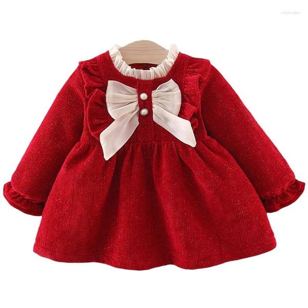 Mädchen Kleider Winter Kleinkind Geburtstag Kleid Koreanische Nette Schleife Fleece Prinzessin Rot Baby 1. Outfit Geboren Kleidung BC1502-1