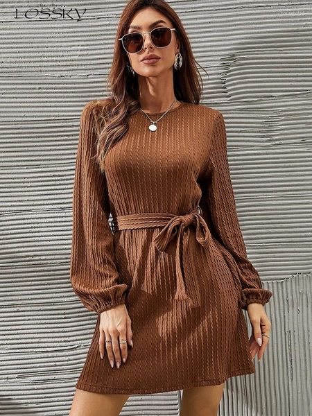 Vestidos casuais elegante camisola curta vestido mulheres moda torção de malha puff manga bandagem sólida primavera outono 2024