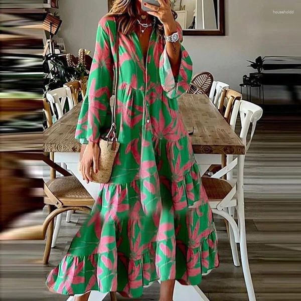 Vestidos casuais primavera contraste impressão hem plissado vestido longo mulheres sexy v pescoço botão festa maxi verão manga solta boho