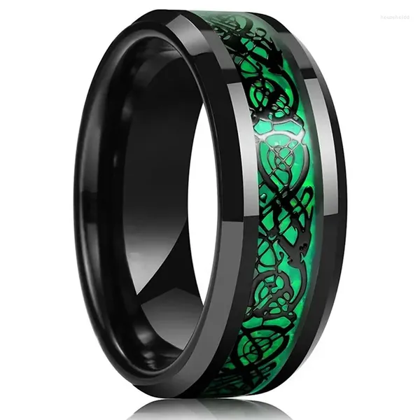 Anelli a grappolo Moda 8MM Uomo Acciaio inossidabile Drago celtico Intarsio Fibra di carbonio verde per le donne Regali di gioielli per feste di nozze