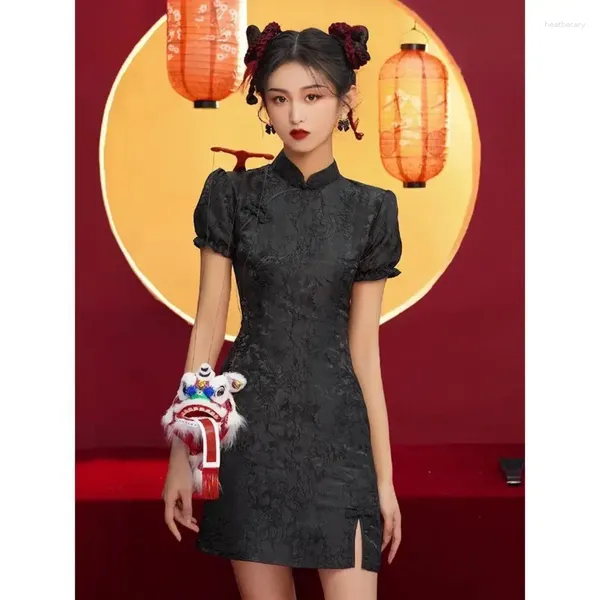 Этническая одежда, черный Cheongsam, лето 2024, платье для молодых французских девушек, национальная мода, маленькое, короткое, темпераментное, современное