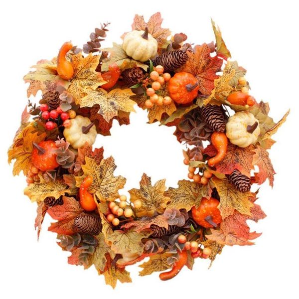 Dekorative Blumenkränze, 50 cm, Herbstkranz, Weihnachtsdekoration, künstliche Ahornblätter, Kürbis, weiße Früchte, Baumwurzel, Homefavor Dhptn