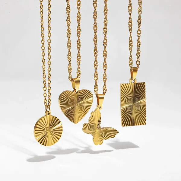 Colares de pingente na moda de aço inoxidável Geometrice redondo coração borboleta banhado a ouro colar plissado para mulheres