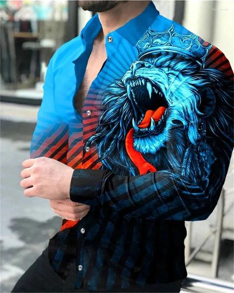 Camisas casuais masculinas camisa de manga comprida 3D impresso animal lapela botão verão top dança aniversário moda namorado S-6XL