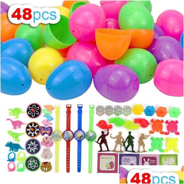 Andere festliche Partyartikel Frohe Ostern Überraschungsei 48-teiliges Set mit Mini-Tieren/Uhr-Kunststoffring im Inneren Colorf-Kind-Geschenk-Tropfen-D-DHRPE
