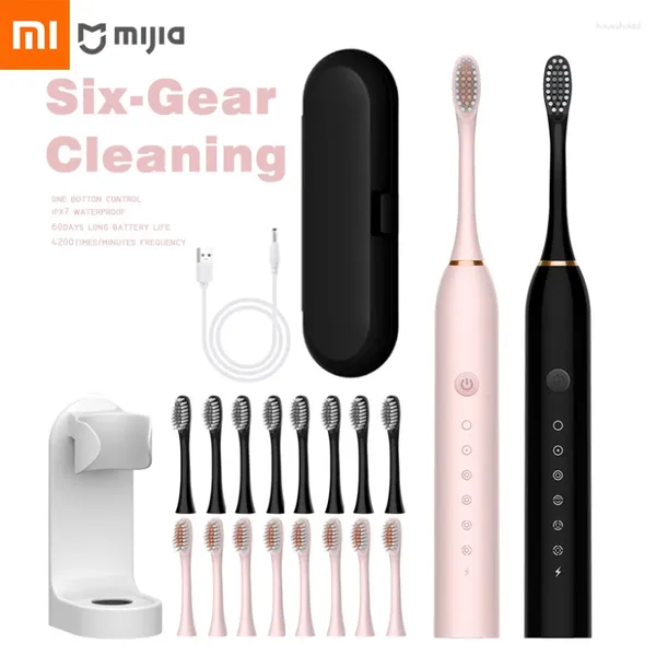 Xiaomi 6 Gear poderosa escova de dentes elétrica Sonic USB à prova d'água inteligente recarregável lavável 8 cabeças de escova branqueadora