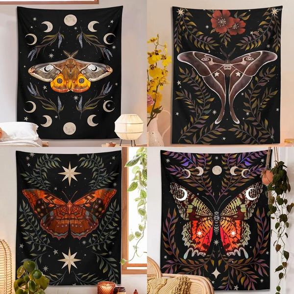 Arazzi Fasi lunari Falena Arazzo Appeso a parete Farfalla Estetica vintage Fiori Pianeta Bohemian Star Room Throw Cover Decor