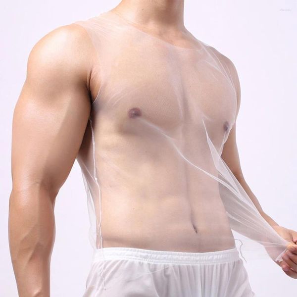Männer Tank Tops Sexy Transparent Candy Farbe Fishnet Atmungsaktive Ärmellose Weste Gym Mesh Party Clubwear T-Shirt Westen Kleidung