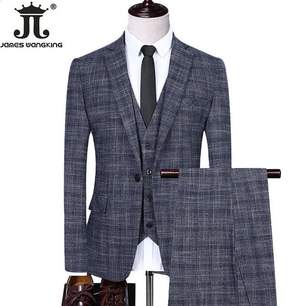 Blazer Weste Hosen 3 Stück oder 2 Stück Set Mode Herren Casual Boutique Business Kleid Hochzeit Bräutigam Karierter Anzug Mantel Blazer Hosen 240125