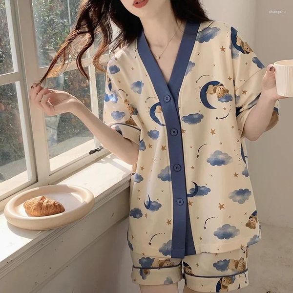 Mulheres sleepwear coreano verão pijamas conjunto para mulheres bonito casa terno shorts 2 peças conjuntos de leite seda macia menina kawaii urso loungewear