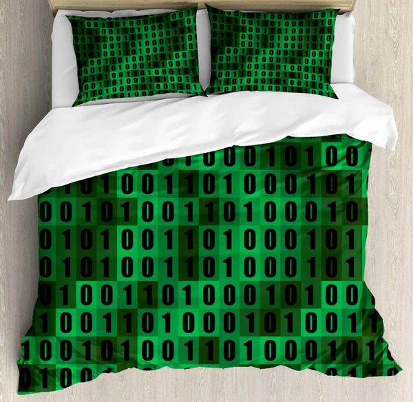 Set di biancheria da letto Copripiumino per programmatore King Queen Size Stampa binaria verde Codice di programmazione Set di dati Numero di programma per computer Trapunta