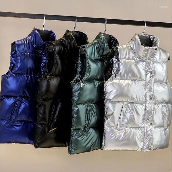 Gilet da donna Autunno Inverno Gilet lucido Colletto alla coreana Cerniera senza maniche Piumino imbottito Soprabito Gilet allentato casual