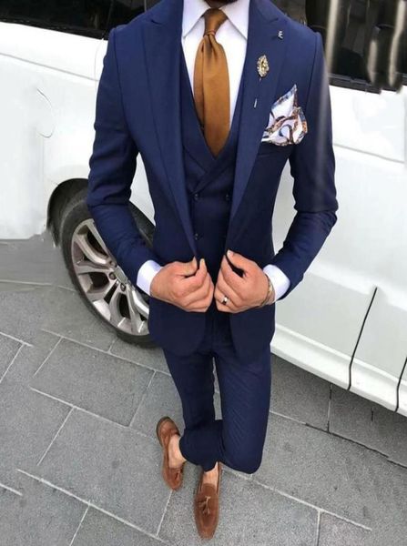 Neueste Mantel Hose Marineblau Männer Anzüge für Hochzeit Prom Mann Blazer Bräutigam Smoking Terno Masculino Kostüm Homme 3 Stück 5763665