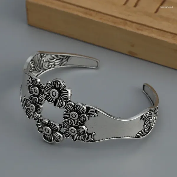 Bracciale rigido a forma di cucchiaio vintage, bracciale in argento tibetano placcato con fiore intagliato, apertura geometrica, gioielli indiani regolabili, regalo da donna