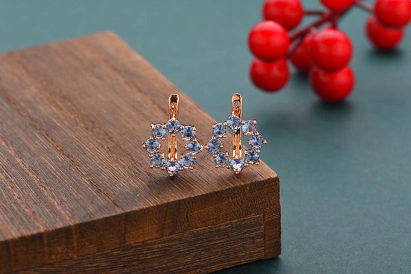 Dangle Küpeler Mavi Yuvarlak Boş İçi Boş Doğal Zirkon Romantik Fine 585 Gül Altın Renkli Kadın Moda Düğün Takı Günlük Güzel