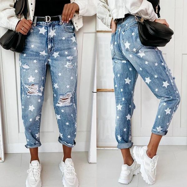 Calças femininas wepbel 2024 verão rasgado jeans tassled borda estrela impresso bell-bottom denim plus size calças de cintura alta