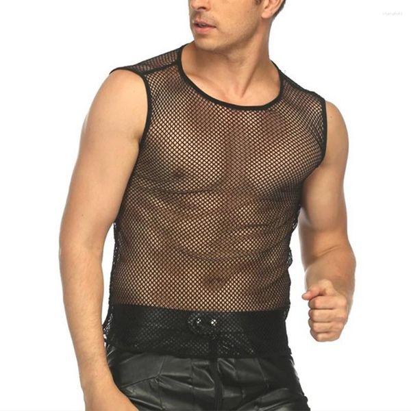 Regatas masculinas sexy fishnet colete transparente o pescoço sem mangas sólido preto malha string magro t camisa coletes tanques