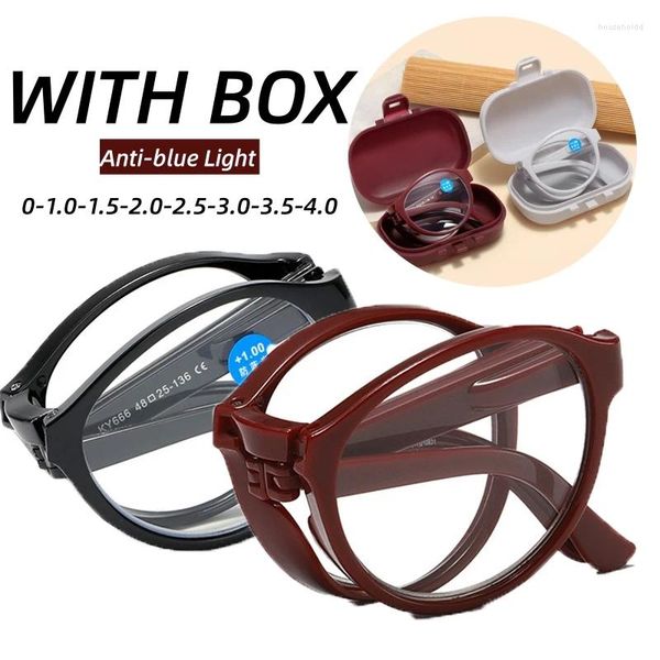 Óculos de sol redondo quadro dobrável óculos de leitura com caixa portátil luz azul bloqueando presbiopia homens mulheres hd óculos ultraleves 0 a 4.0