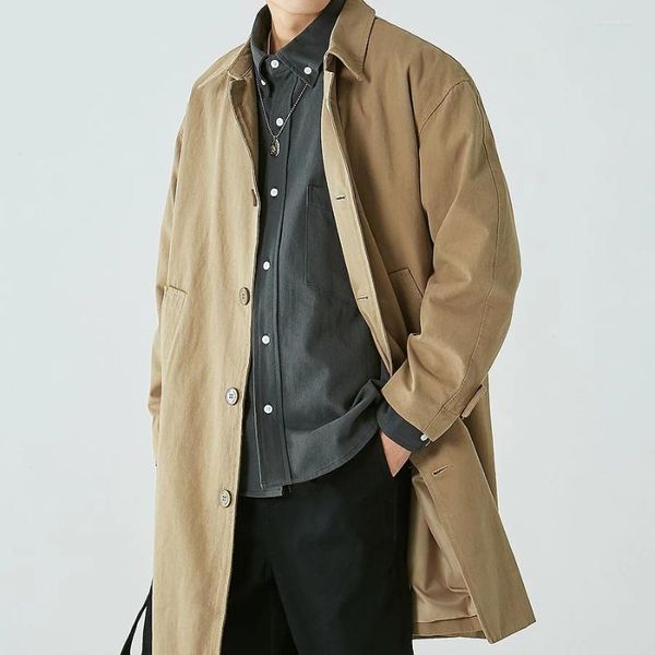 Casacos de Trench Masculinos Japonês Simples Sólido Mid-Comprimento Windbreaker Solto Casual High Street Commuter Overcoat Homens Tops Roupas Masculinas