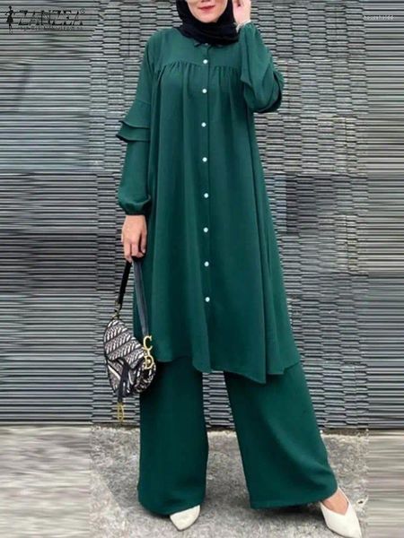 Abbigliamento etnico ZANZEA Abiti da donna Pantaloni musulmani a gamba larga Abiti Top lunghi solidi Set di pantaloni Moda islamica Tuta urbana Due pezzi