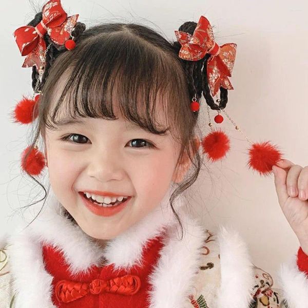 Acessórios de cabelo 1 par crianças ano estilo chinês hanfu hairpin headdress sorte peruca vermelha borla clipe para meninas