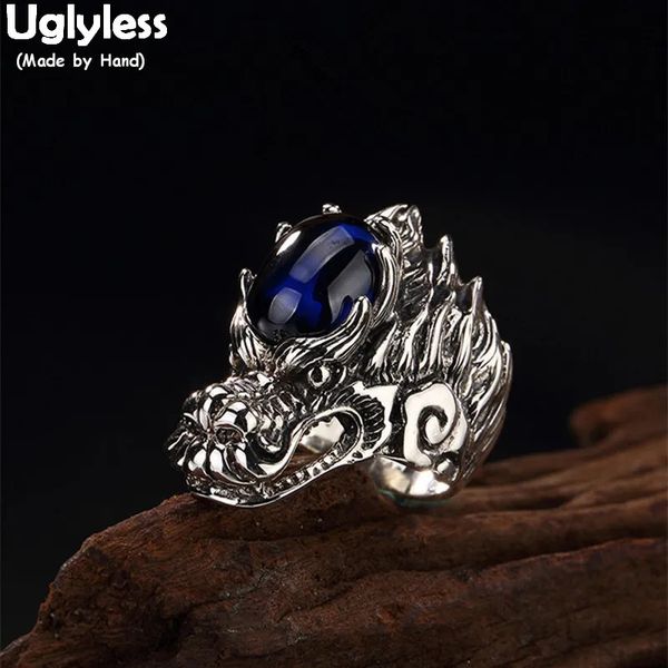 Uglyless Real S 925 Sterling Silver Natural Blue Calcedonio Uomini Anelli Fatti a mano Inciso Drago Anello di barretta Antico Totem Gioielli 240125