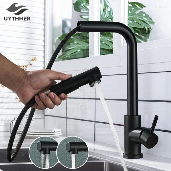 Rubinetti da cucina Uythner Rubinetto nero opaco Lavello estraibile Rubinetti per acqua Spruzzatore a doppia via Miscelatore Gru con rotazione a 360 Montaggio su piattaforma