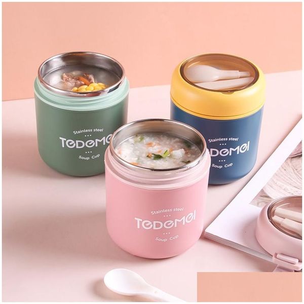 Caixas de almoço 400ml500ml copo de sopa de aço inoxidável recipiente de alimento térmico com colher vácuo insated bento para crianças escola 230320 gota de dhrvh