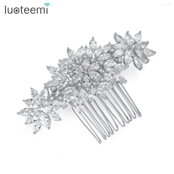 Saç klipleri Luoteemi lüks düğün cz tarak büyük kristal çiçek kübik zirkonya gelin pin aksesuarları mücevherler zarif kadın
