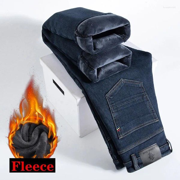 Calças de brim masculinas 2024 moda inverno quente negócios casual velo grosso denim azul calças estiramento regular ajuste calças masculinas marca