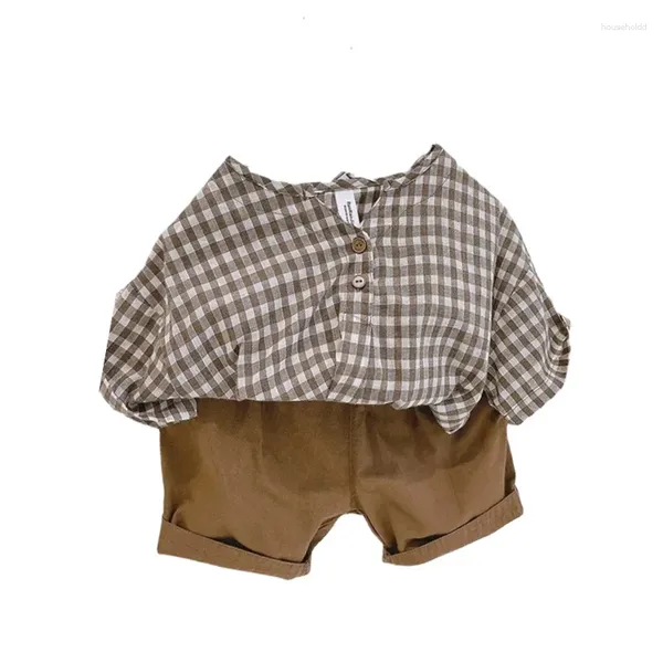 Conjuntos de roupas 1-6 anos coreano bebê criança meninos meninas macias finas casuais mangas curtas conjunto de algodão e linho respirável xadrez 2pcs terno