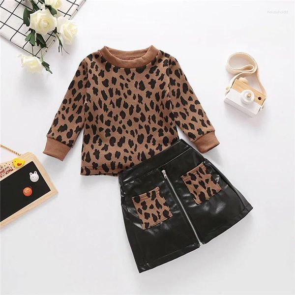 Giyim Setleri 1-5 yıl Auutmn Toddler Çocuk Bebek Kız Giysileri Leopar Baskı Kazak Sweatshirt Sweater Fermuar Pu Deri Etekler Sıcak