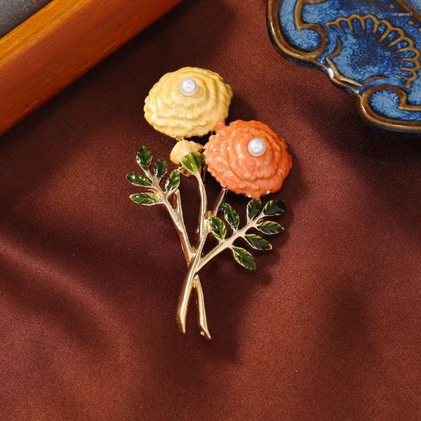 Spille Spilla a fiore retrò con foglie Smalto arancione Perni gialli vintage antichi Gioielli da donna per feste